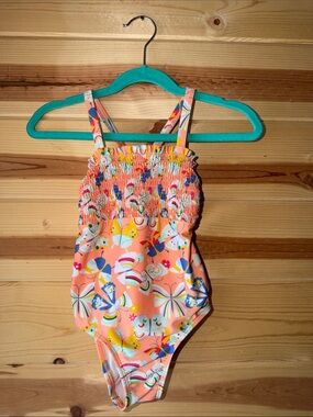 Cat & Jack Peach Multicolor Smocked Swimsuit with Teal Straps